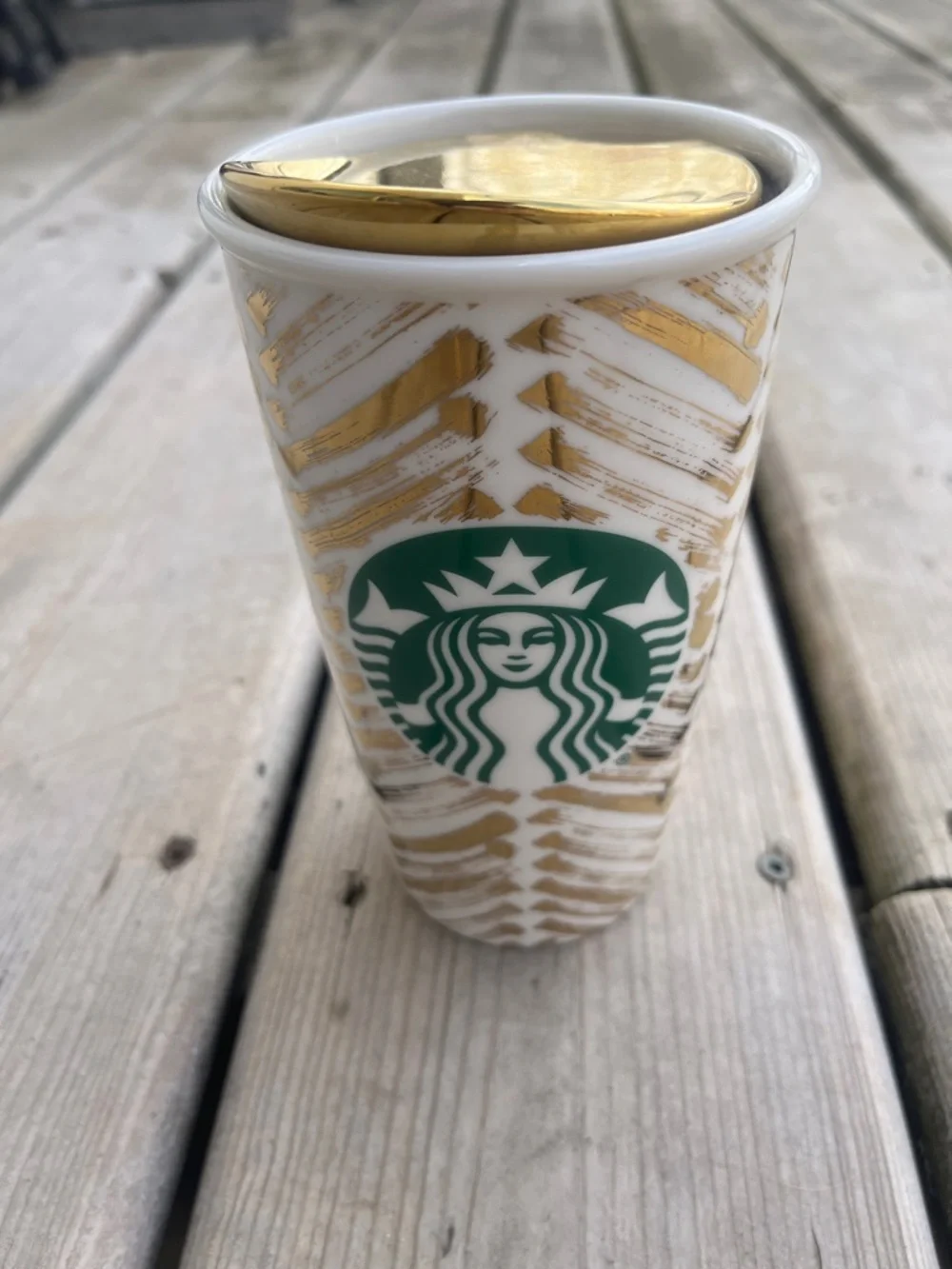 2015 Starbucks Gold Lid Gold Chevron Mermaid Ceramic Travel Tumbler Mug. - Picture 3 of 8